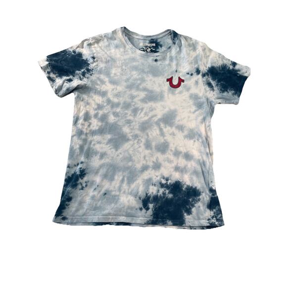 TRUE RELIGION Mens Medium Buddha Graphic Logo Blue Tie-Dye T Shirt 100% Cotton - Picture 1 of 4